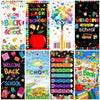 A colorful vinyl backdrop banner featuring various school-themed graphics and text like Welcome Back to School.