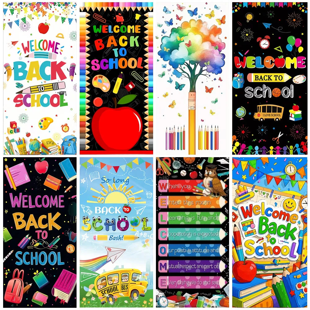 A colorful vinyl backdrop banner featuring various school-themed graphics and text like Welcome Back to School.