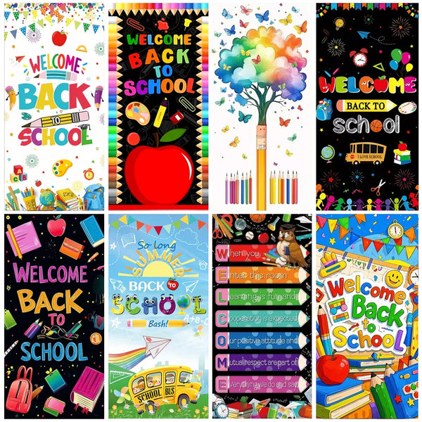 A colorful vinyl backdrop banner featuring various school-themed graphics and text like Welcome Back to School.