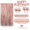 Rose gold happy birthday balloon decoration set including foil hearts, stars, latex balloons, and a fringe curtain.