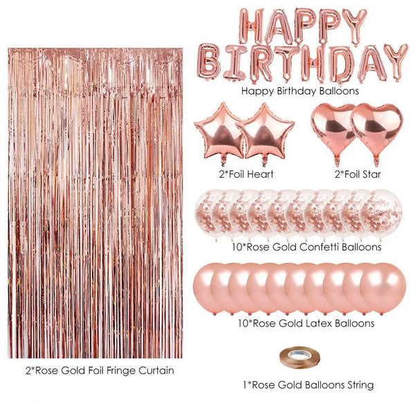 Rose gold happy birthday balloon decoration set including foil hearts, stars, latex balloons, and a fringe curtain.