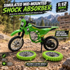 A simulated mid-mounted shock absorber off-road motorcycle model in bright green with extra wheels.