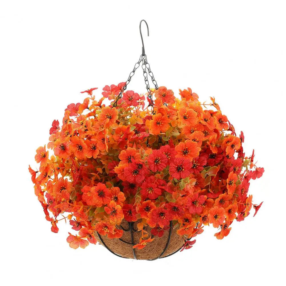 Realistic artificial orange flowers in a hanging basket suspended by a metal hanger