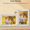 A white digital photo frame displaying a family portrait outdoors, with text promoting auto-rotate display.