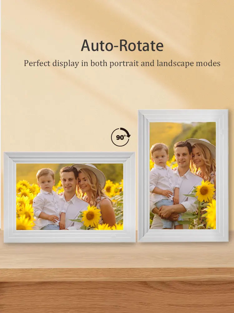 A white digital photo frame displaying a family portrait outdoors, with text promoting auto-rotate display.
