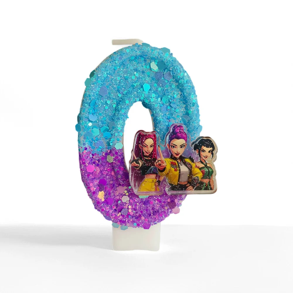 A custom birthday candle shaped like the number 8, decorated with blue and purple glitter and featuring three character figur