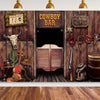 A rustic wooden backdrop featuring a cowboy bar entrance with a barn door and various western decor.