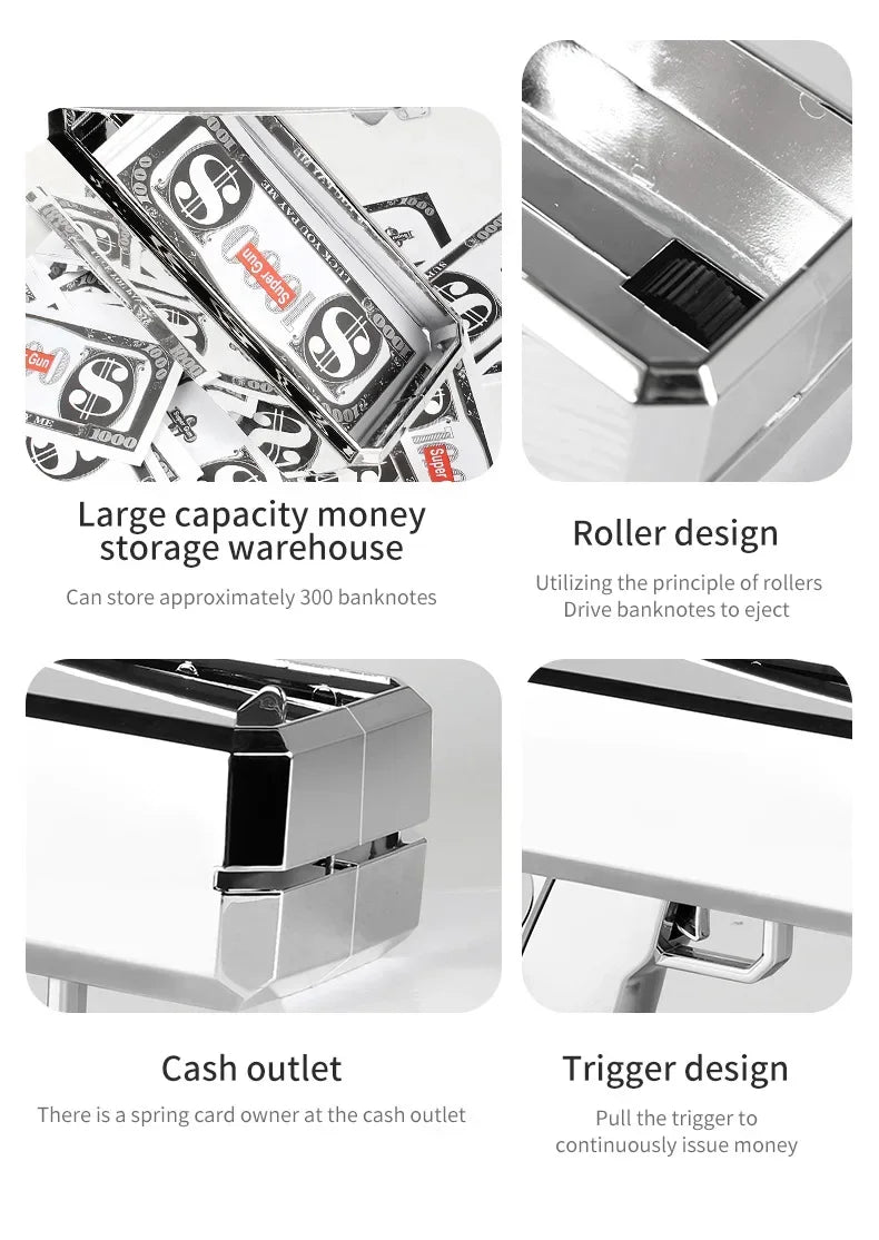 A silver money storage device with a roller design, cash outlet, and trigger design for issuing money.