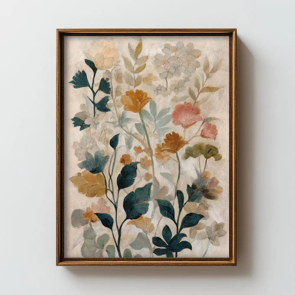 Gerahmtes Kunstdruck mit botanischem Motiv aus erdigen Blumen und Blättern.