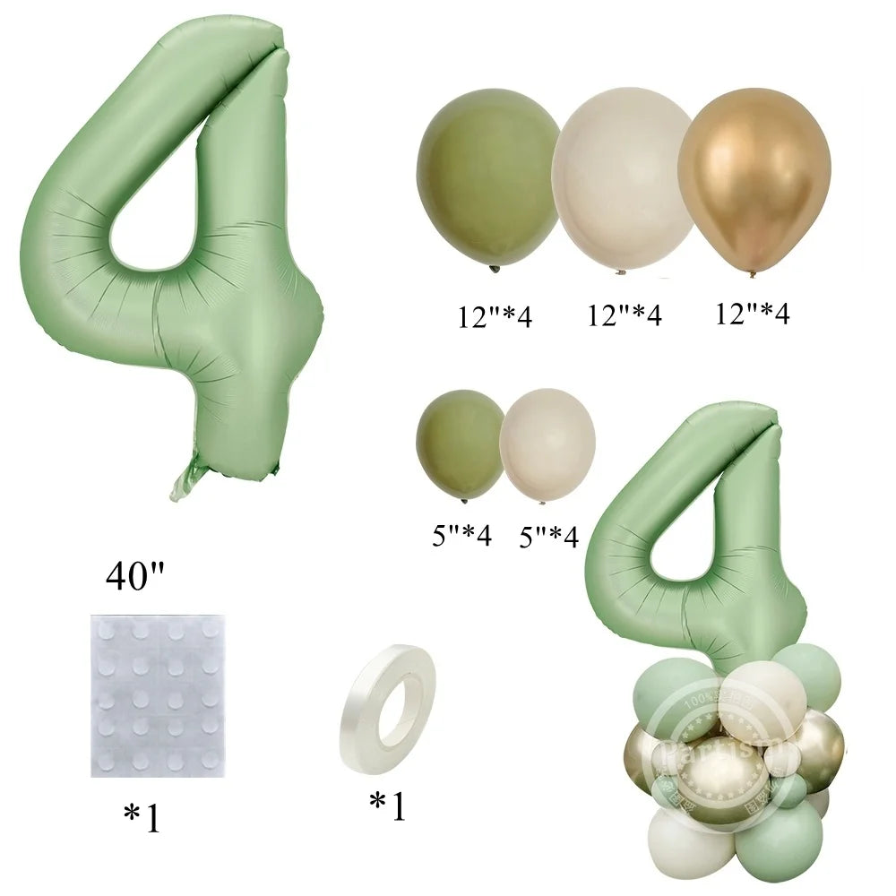 A set of vintage number balloons in light green and gold colors, including a large number balloon and smaller round balloons.