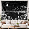 Black tapestry featuring a white silhouette of mountains, water, and stars against a dark night sky
