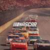 A vintage NASCAR race scene showing multiple cars on the track with a crowd in the background.