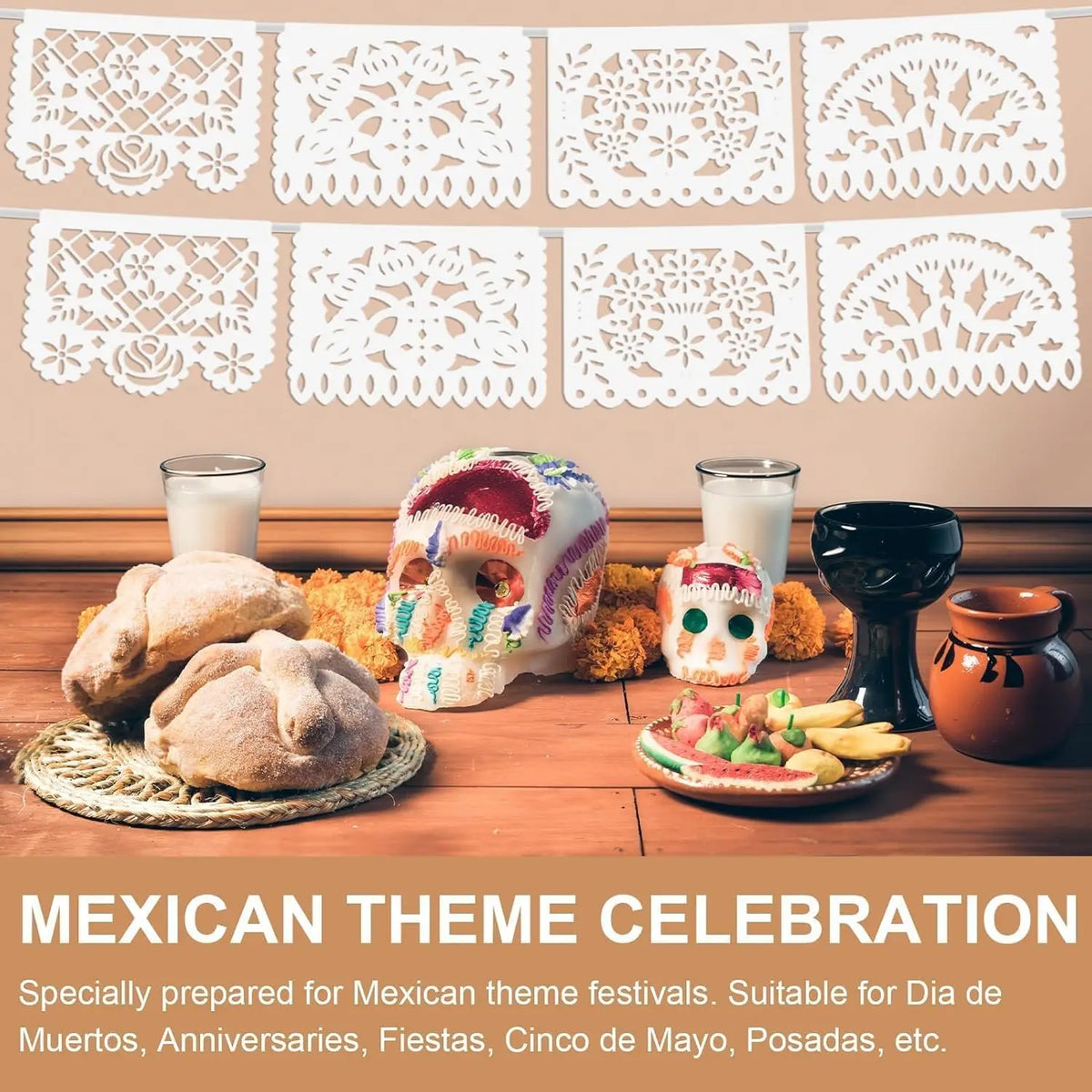 White Mexican fiesta cutout banner featuring skulls and decorative elements for celebration