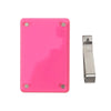 A bright pink plastic photo frame clip with silver mounting hardware.