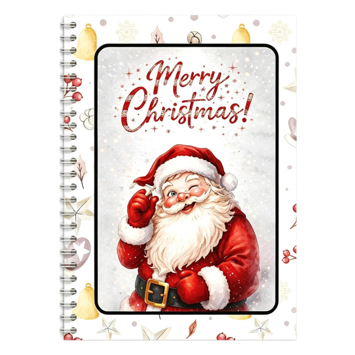 A festive illustration of Santa Claus with a white beard and red suit, surrounded by sparkling Christmas elements.