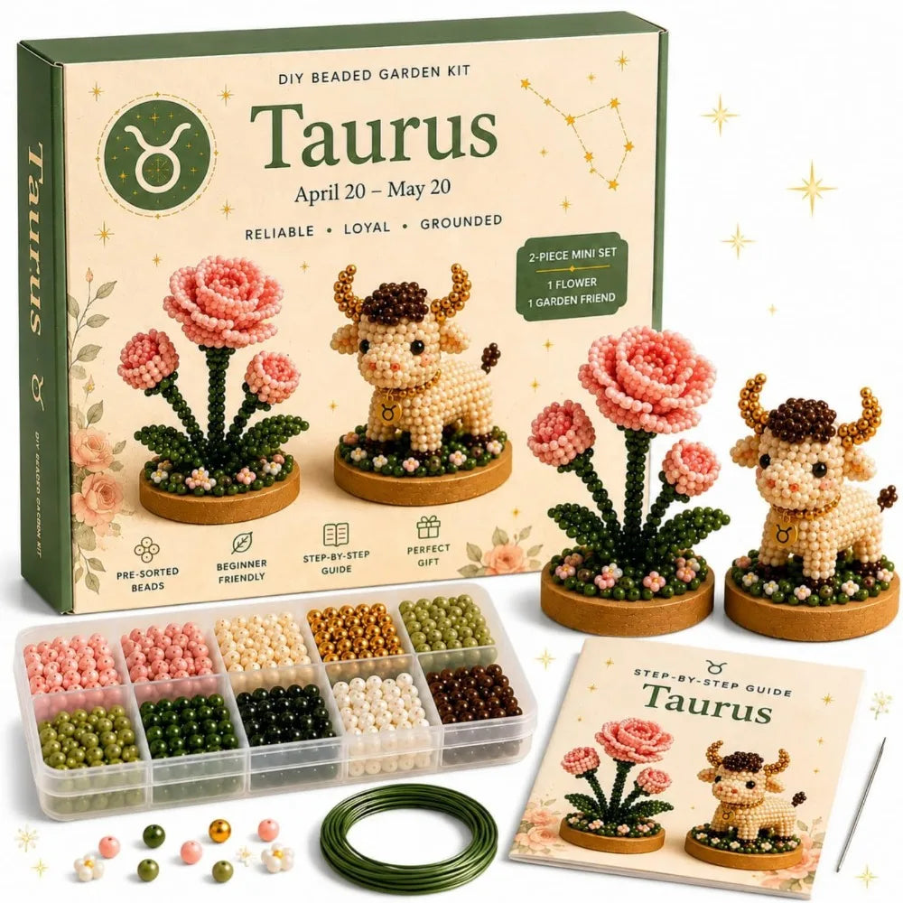 A box set of Taurus DIY beaded garden kit containing various colored beads and a finished craft example.