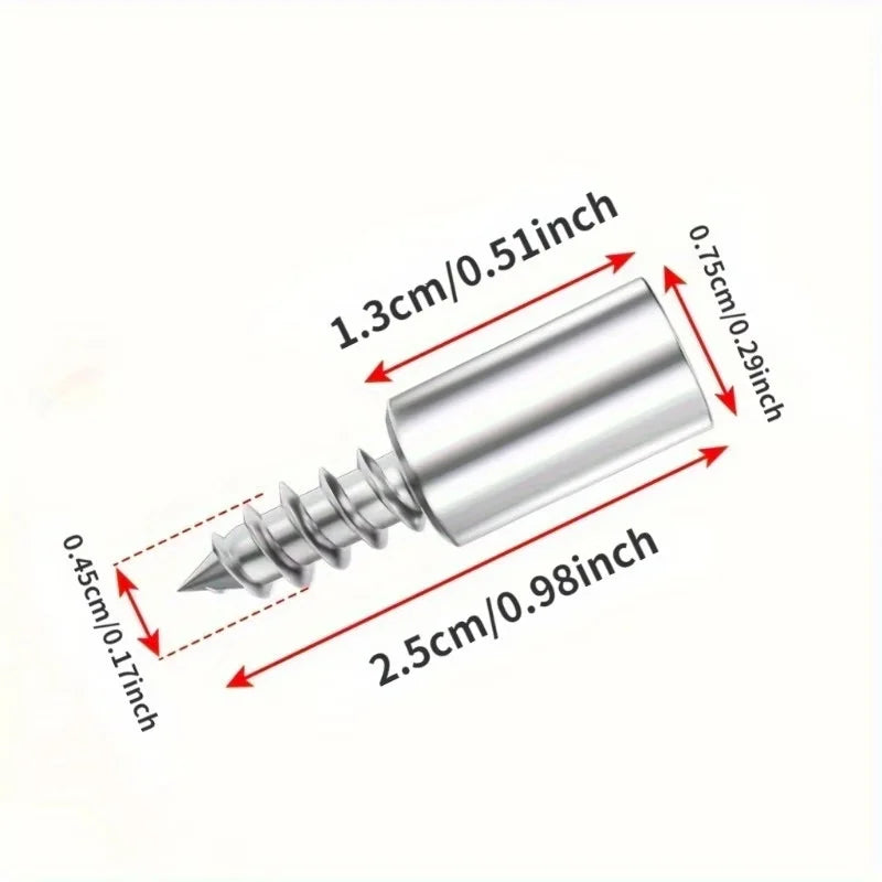 Silver heavy-duty steel shelf pins with self-tapping screws shown with dimensions.