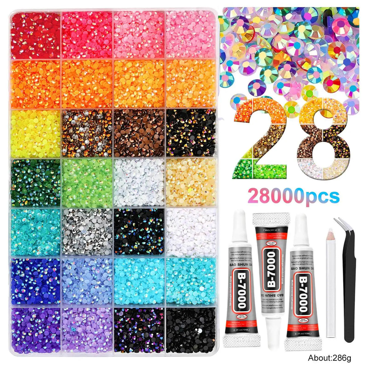 A collection of 28000 flatback resin rhinestones in various colors and shades for DIY crafts