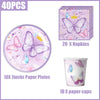 A set of butterfly-themed disposable party items including plates, napkins, and cups.