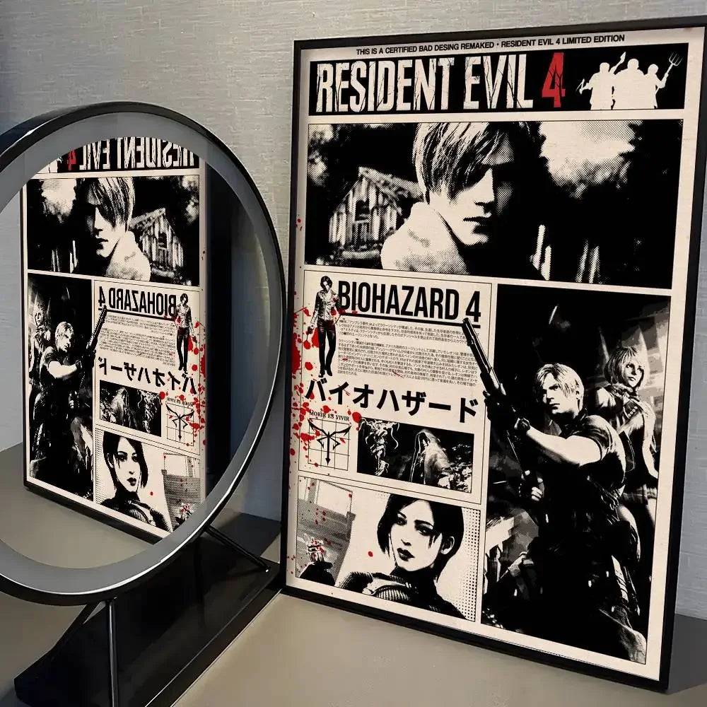 A framed poster featuring characters from Resident Evil 4 in black and white