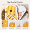 A yellow wooden fairy elf door miniature decoration featuring a star cutout and a tooth box.