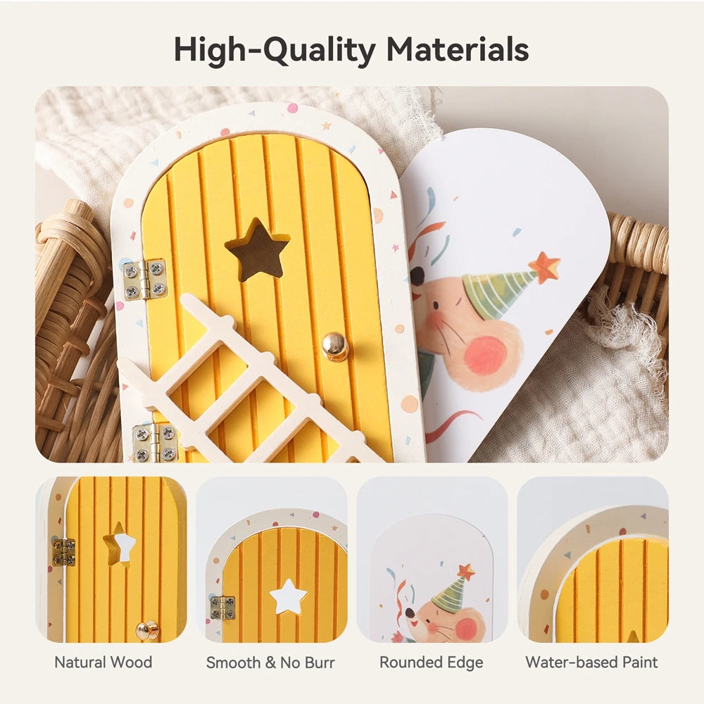 A yellow wooden fairy elf door miniature decoration featuring a star cutout and a tooth box.