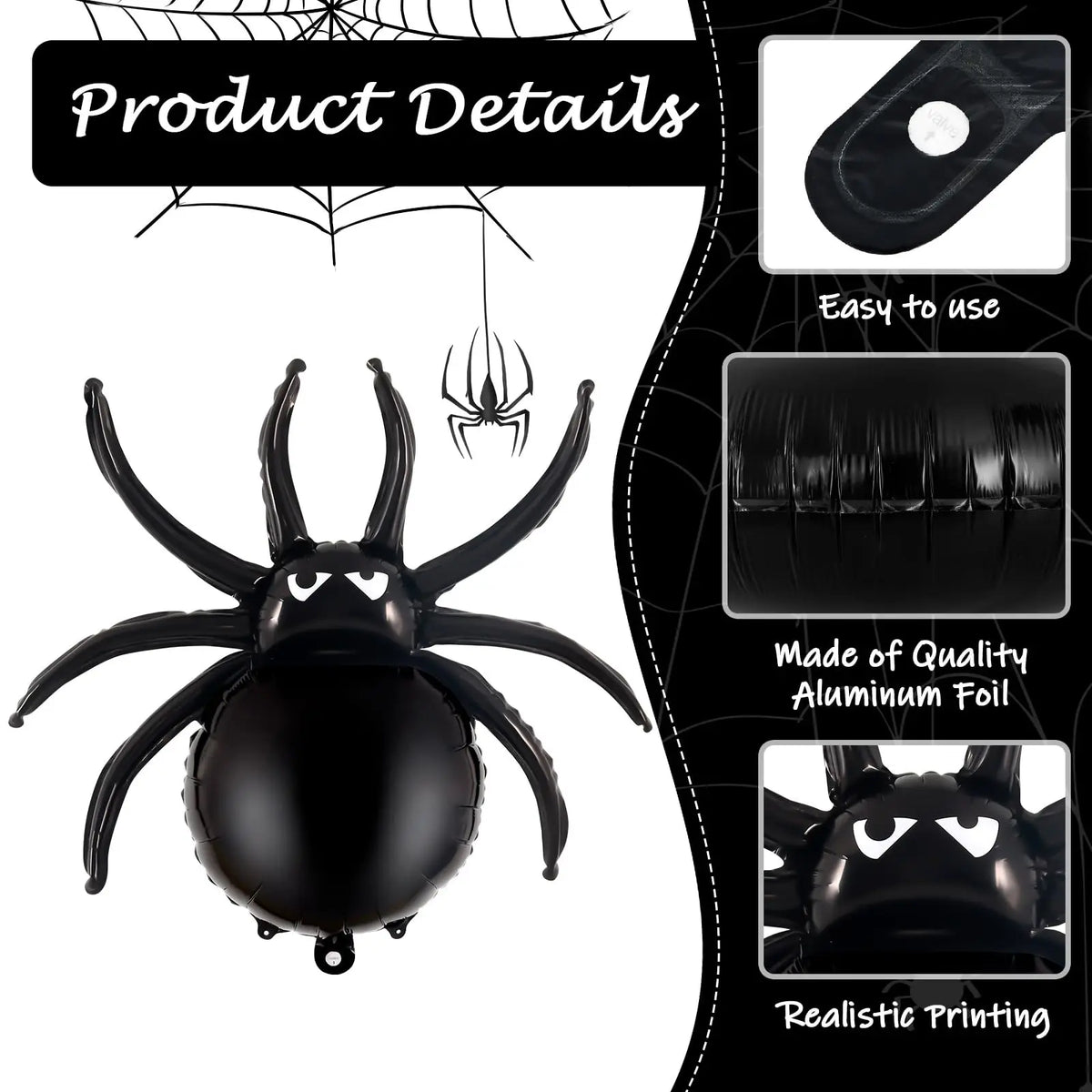 Schwarze, spinneförmige Luftballon aus Aluminiumfolie mit Produktdetails und Gebrauchsanweisung.
