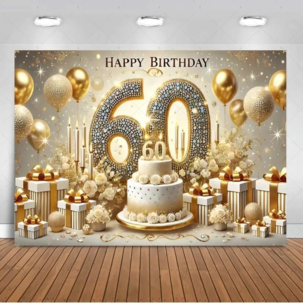 A festive birthday backdrop featuring gold and silver balloons, glittering confetti, and a large number 60 for a photo booth.