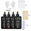 A set of UV resin components including gloves, liquid resin, and molds for jewelry making.