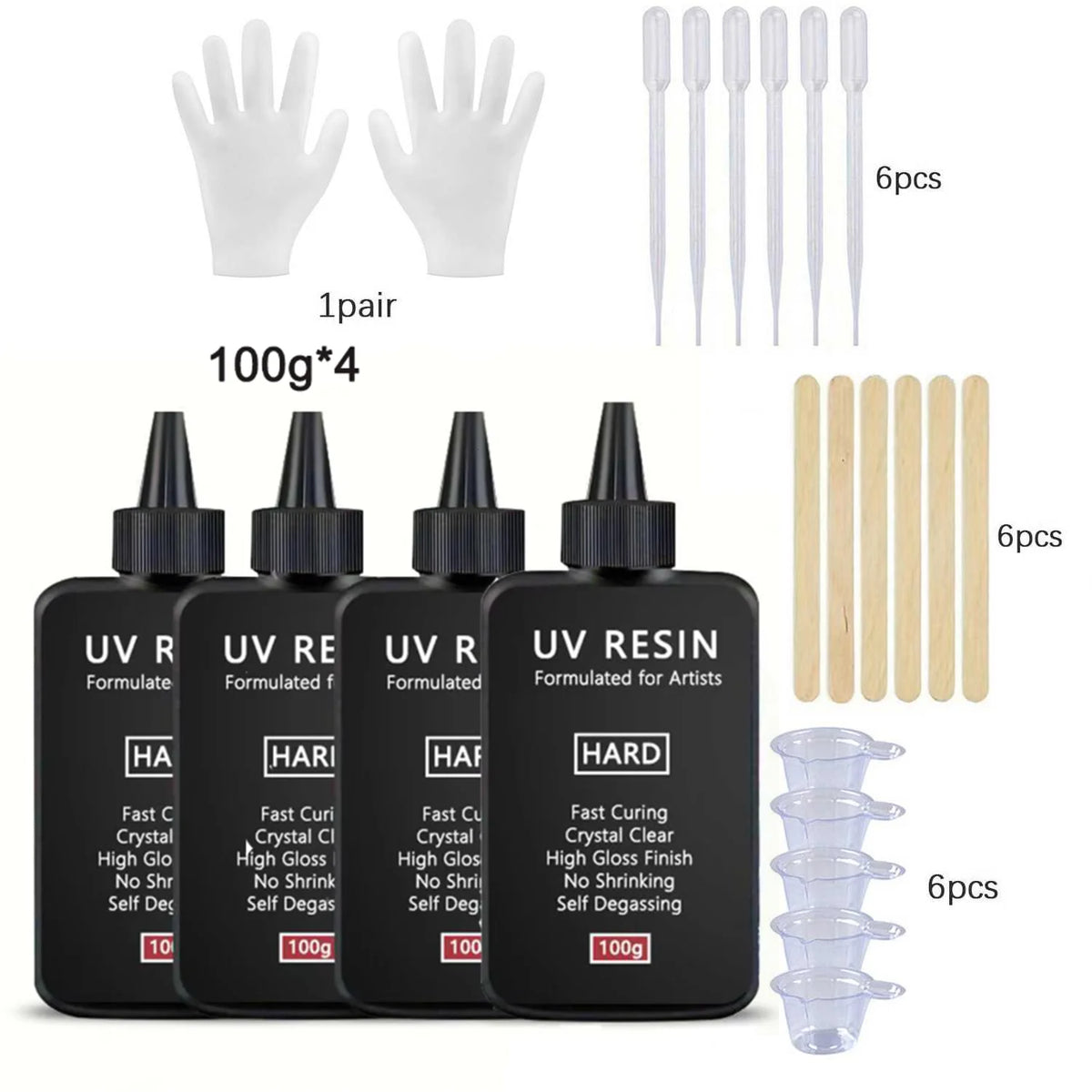 A set of UV resin components including gloves, liquid resin, and molds for jewelry making.