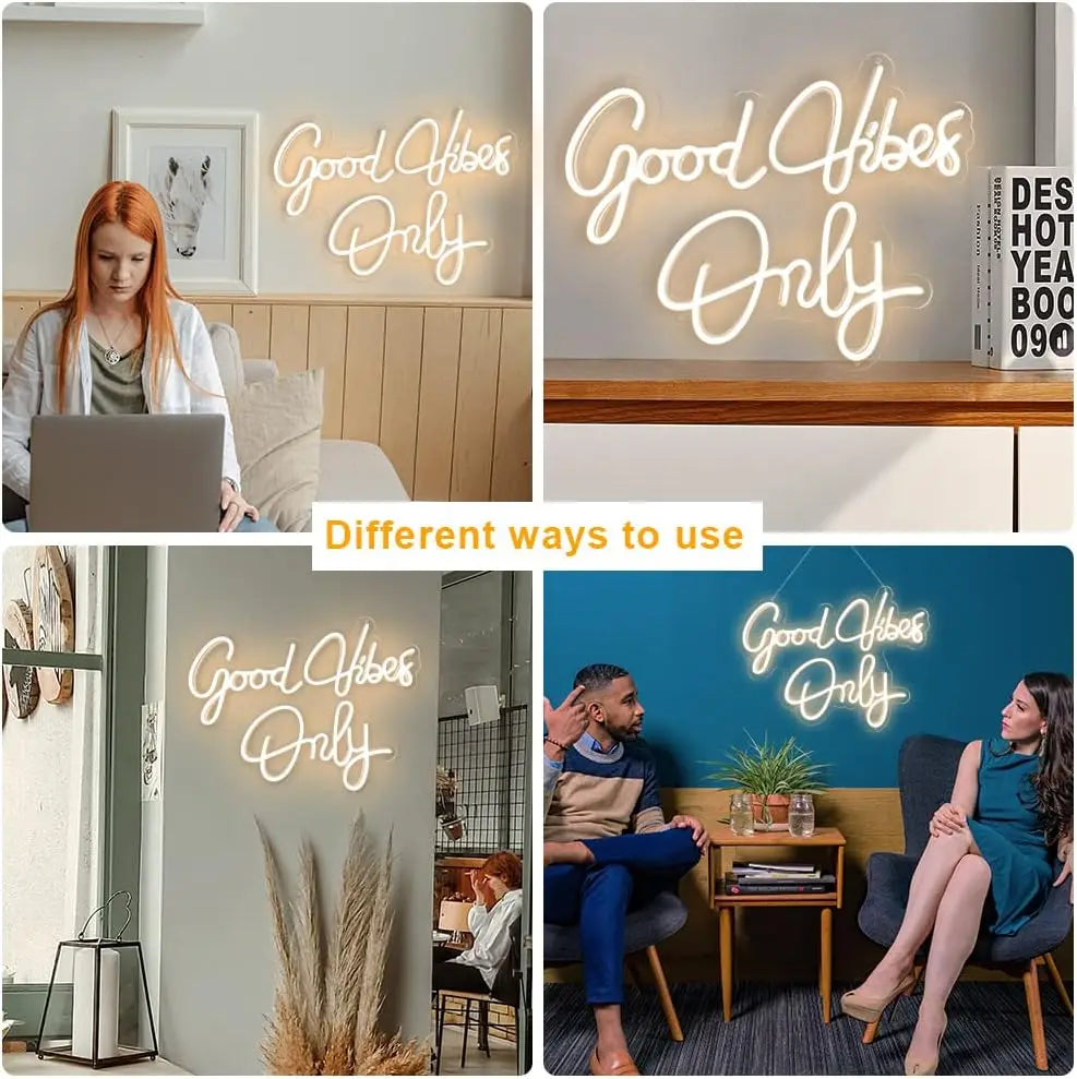 A large decorative LED neon sign spelling out Good Vibes Only displayed in various indoor settings.