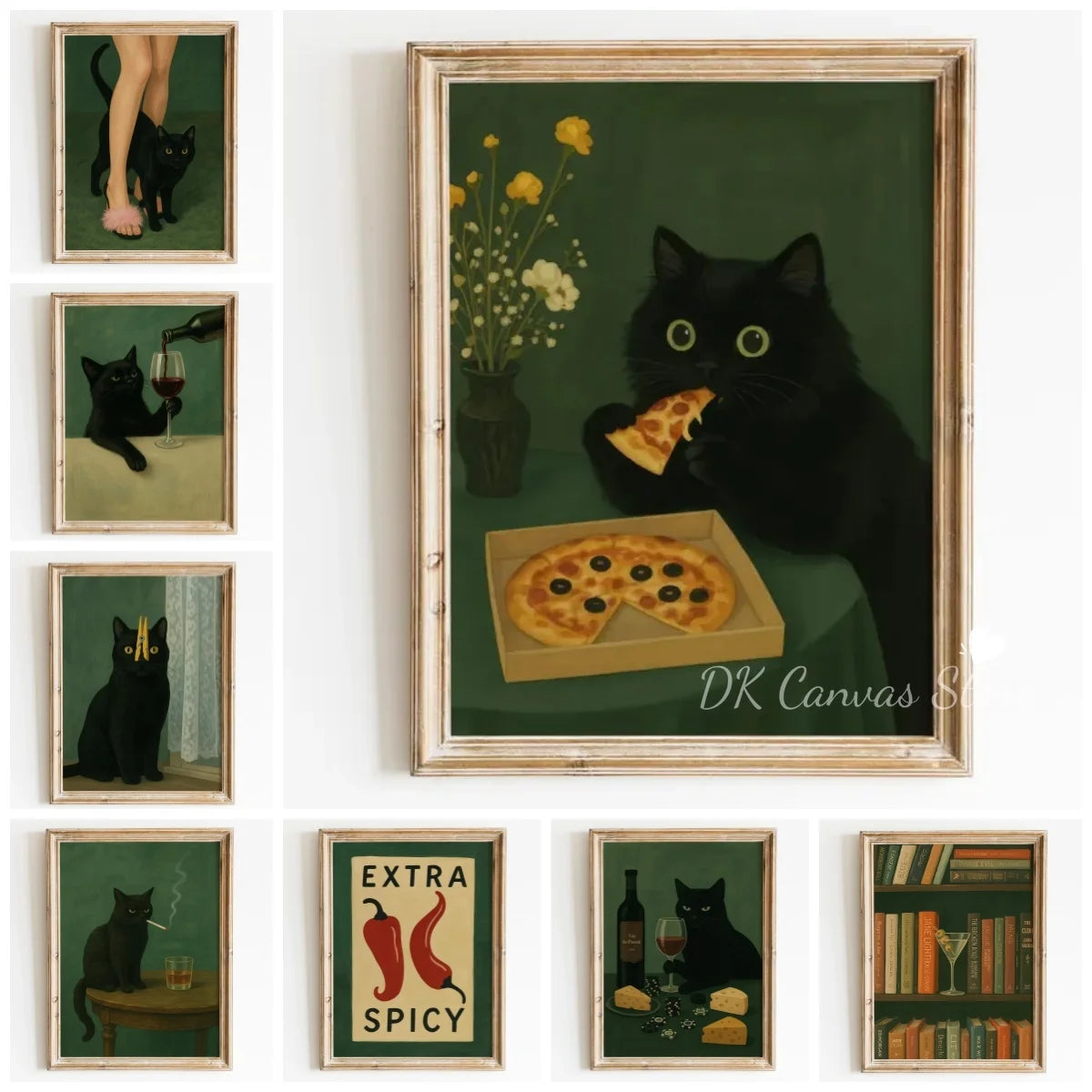 A collection of framed canvas art prints featuring black cats in various scenes, including a cat eating pizza and other domes