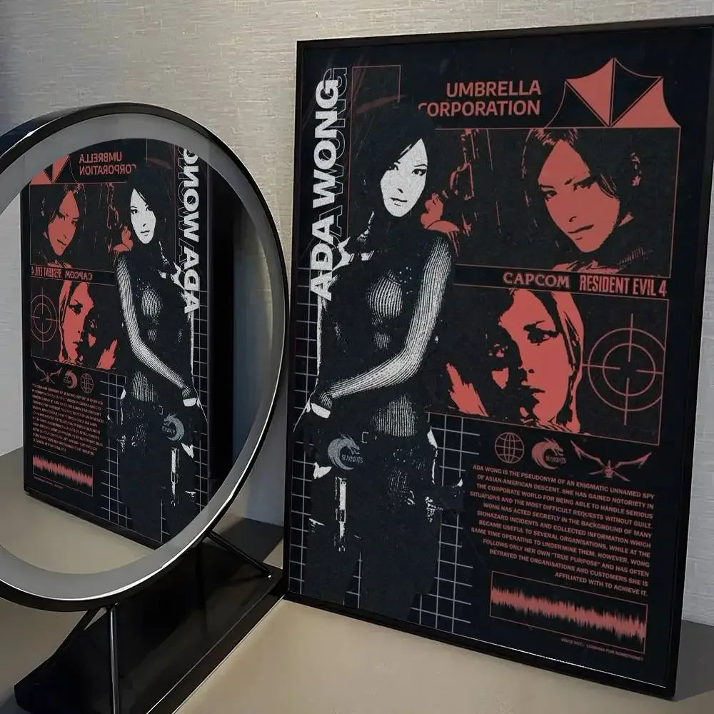A poster featuring Ada Wong from Resident Evil with the text Umbrella Corporation and Capcom Resident Evil 4