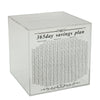 Clear acrylic savings box with a 365-day savings plan chart for tracking deposits over a year.
