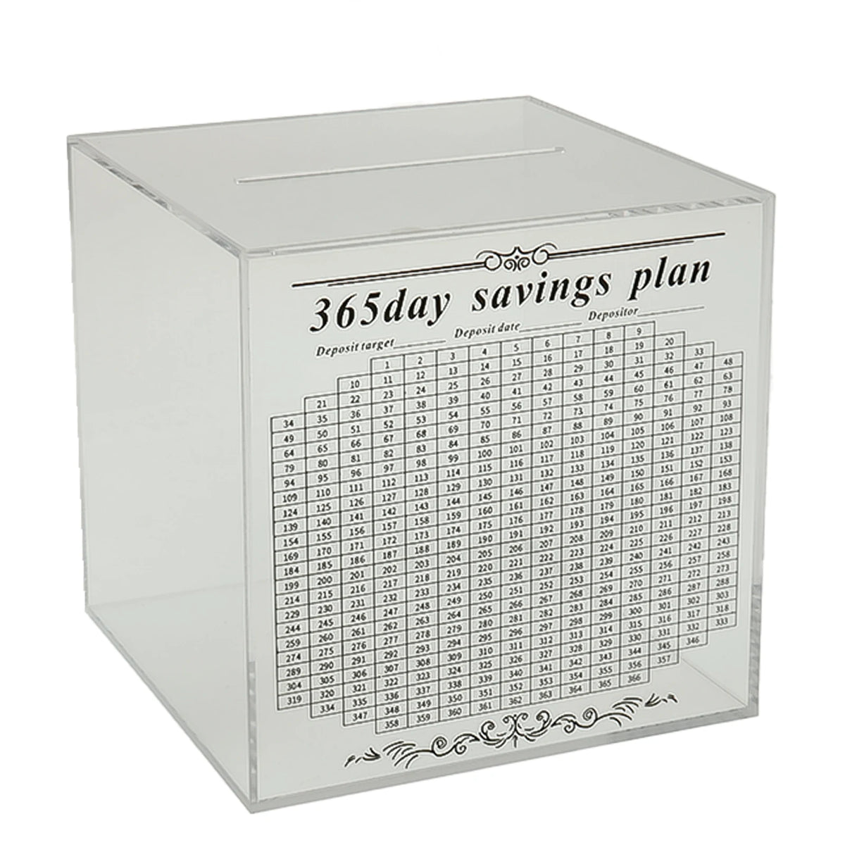 Clear acrylic savings box with a 365-day savings plan chart for tracking deposits over a year.