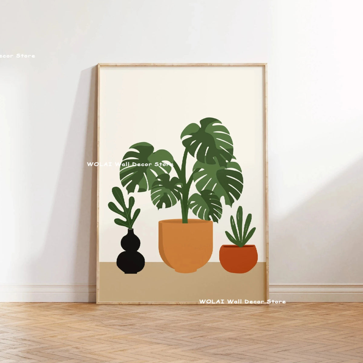 Botanical philodendron canvas wall art featuring a green plant in an orange pot on a neutral background.
