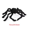 A large, black plush spider decoration used for Halloween
