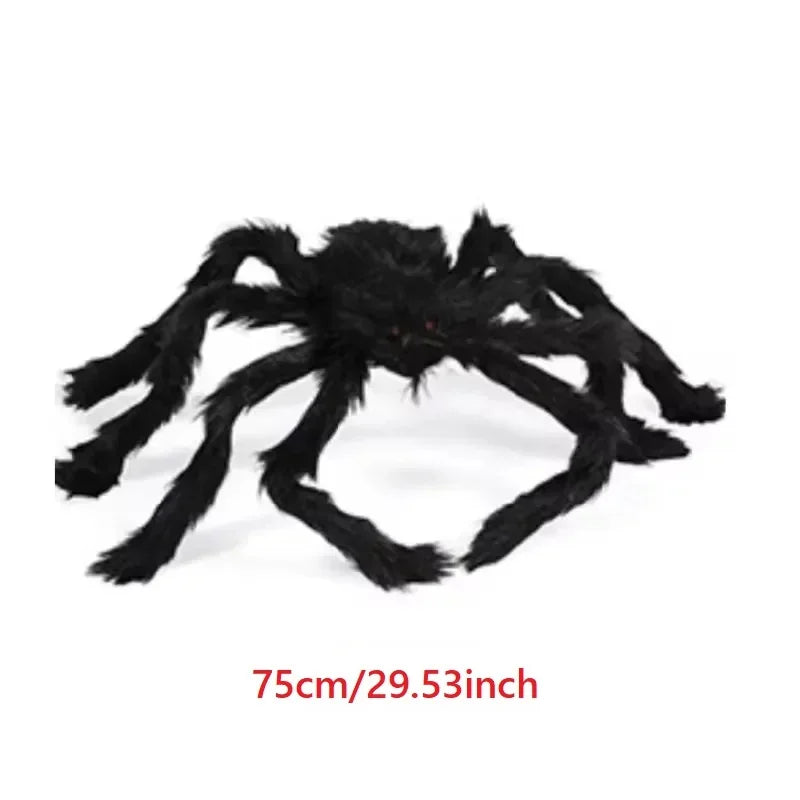 A large, black plush spider decoration used for Halloween