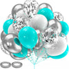 A pile of silver and light blue chrome latex balloons with attached strings.