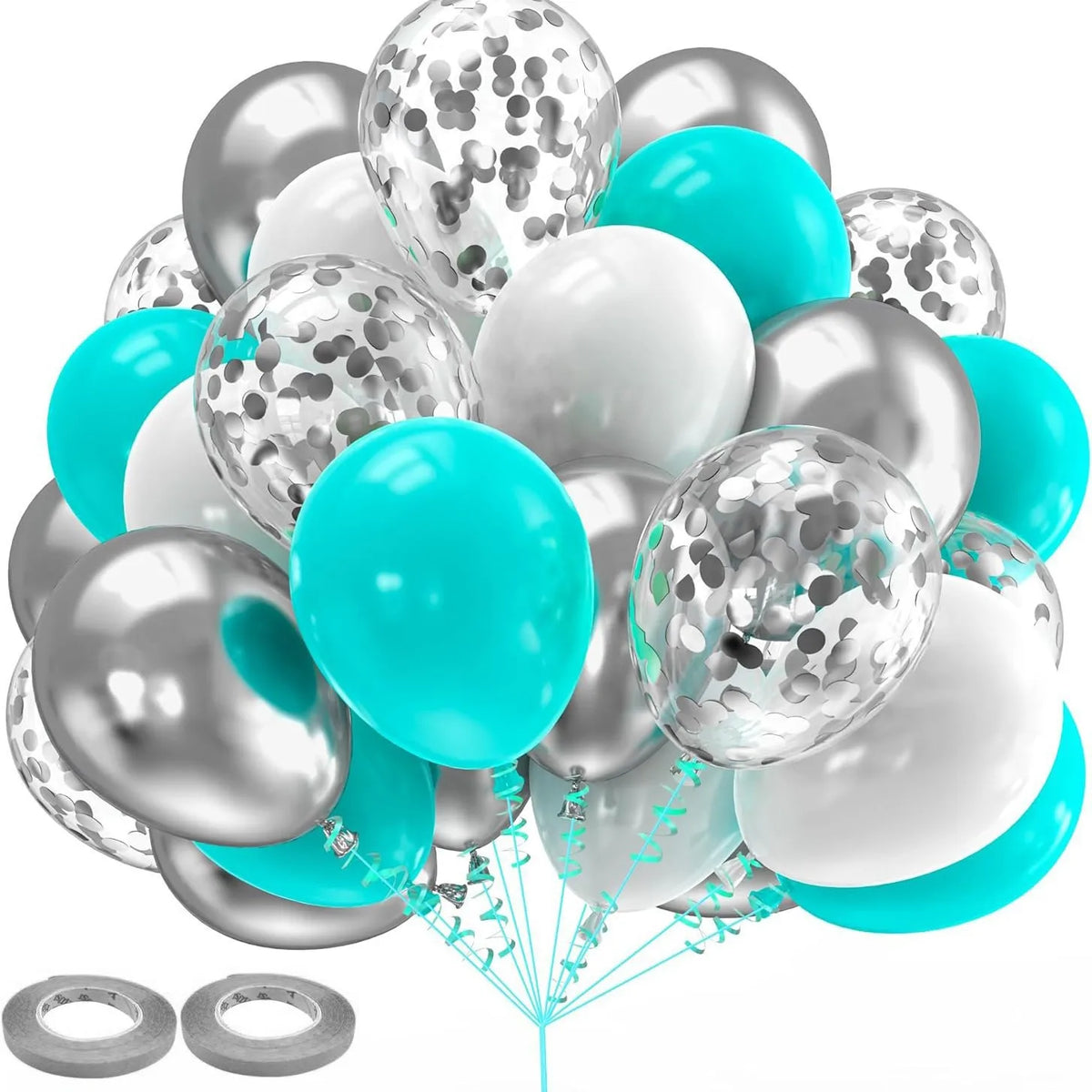 A pile of silver and light blue chrome latex balloons with attached strings.