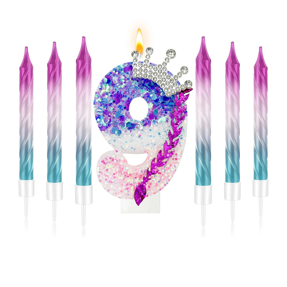 A set of nine gradient sparkle number birthday candles, numbered 0 through 9, with a crown topper.