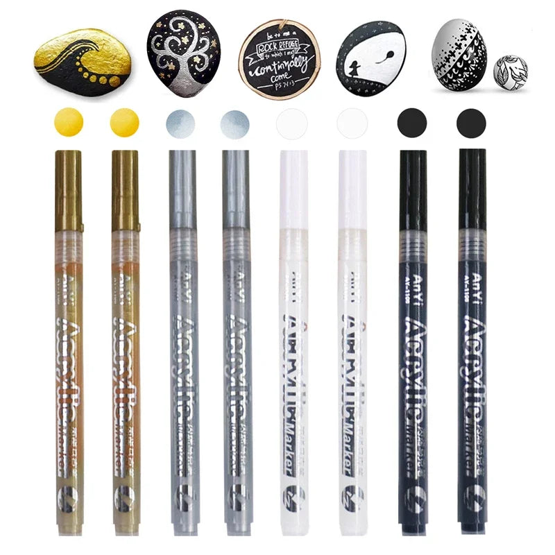 A set of extra-fine point acrylic paint pens for multi-surface art displayed in various colors and finishes.