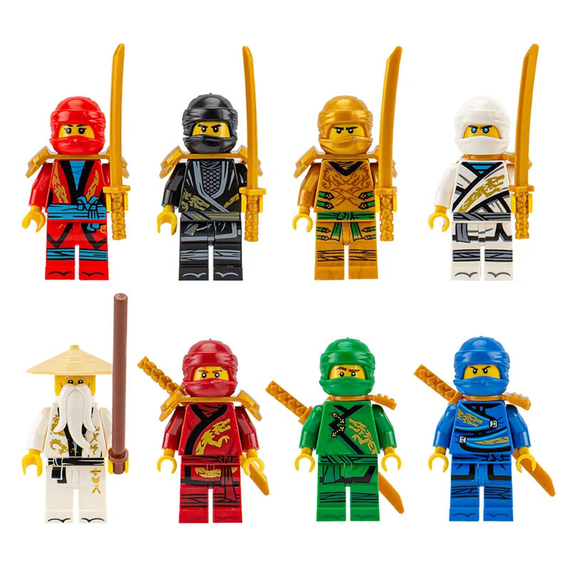 A collection of golden ninja building block figures in various colors and styles.