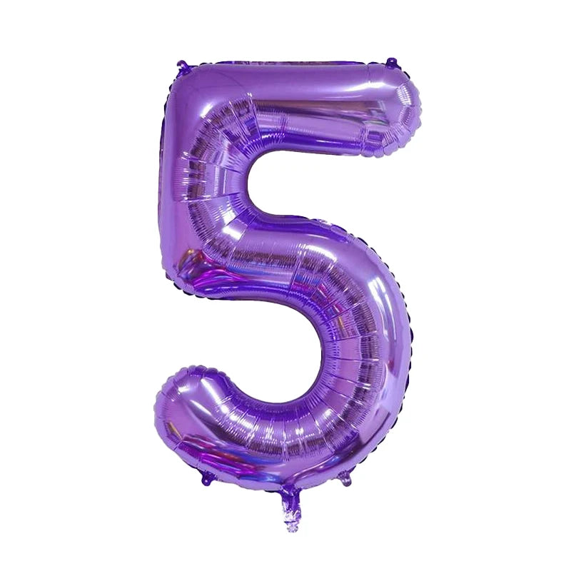 A purple foil number balloon shaped like the numeral 5.