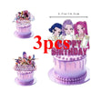 A set of three anime girl birthday cake toppers featuring characters in pink and purple hues.