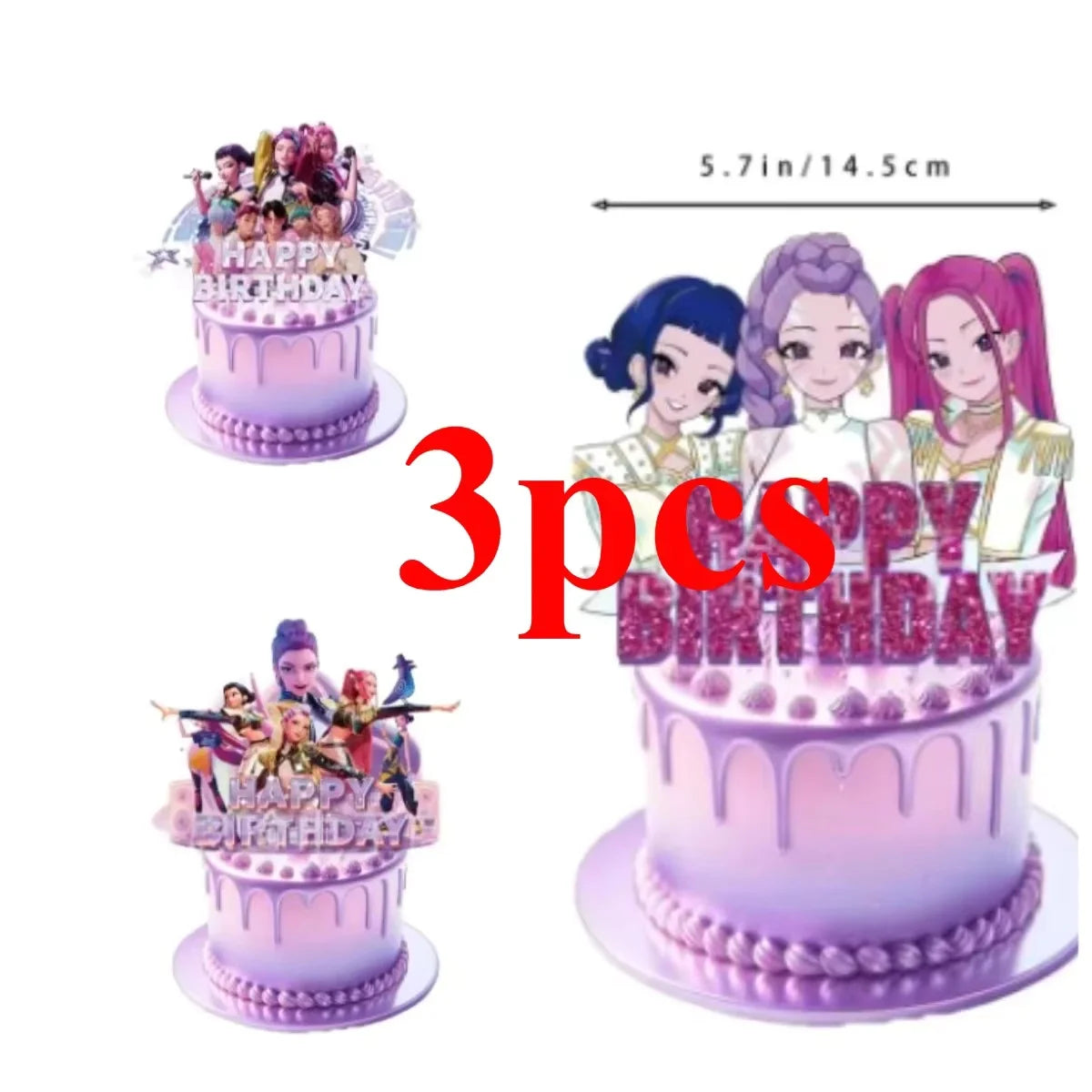 A set of three anime girl birthday cake toppers featuring characters in pink and purple hues.