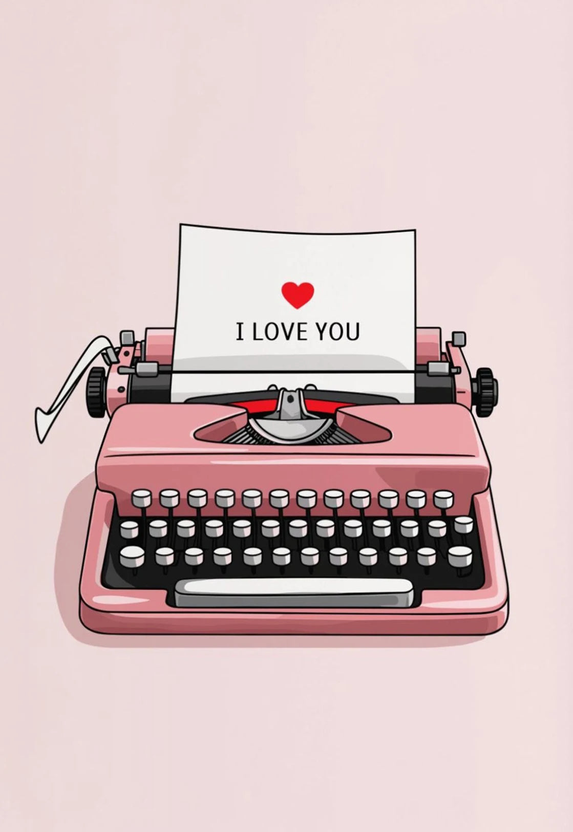 A pink vintage typewriter is used to print the message I love you on a piece of paper.