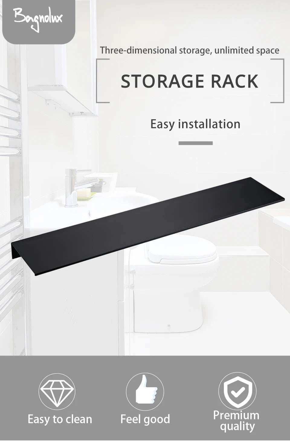 A black storage rack designed for three-dimensional storage, shown in a bathroom or kitchen setting.