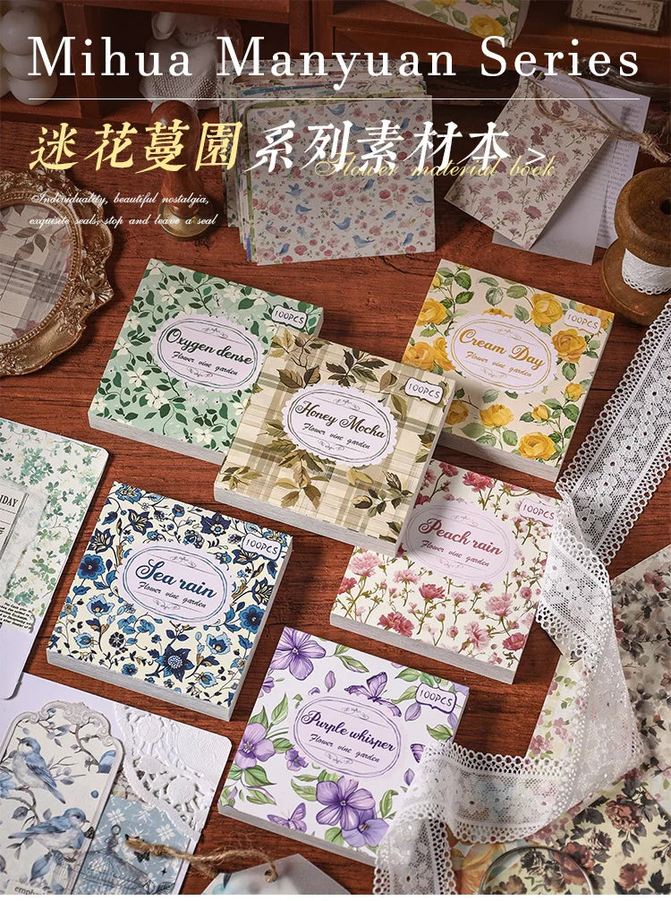 A collection of vintage paper packs featuring floral designs and textures for junk journals and scrapbooking.
