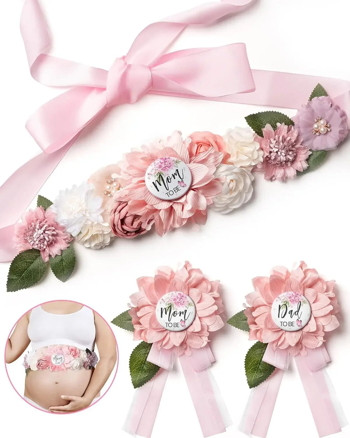 Pink floral maternity sash and corsage pin set with a bow for a baby shower